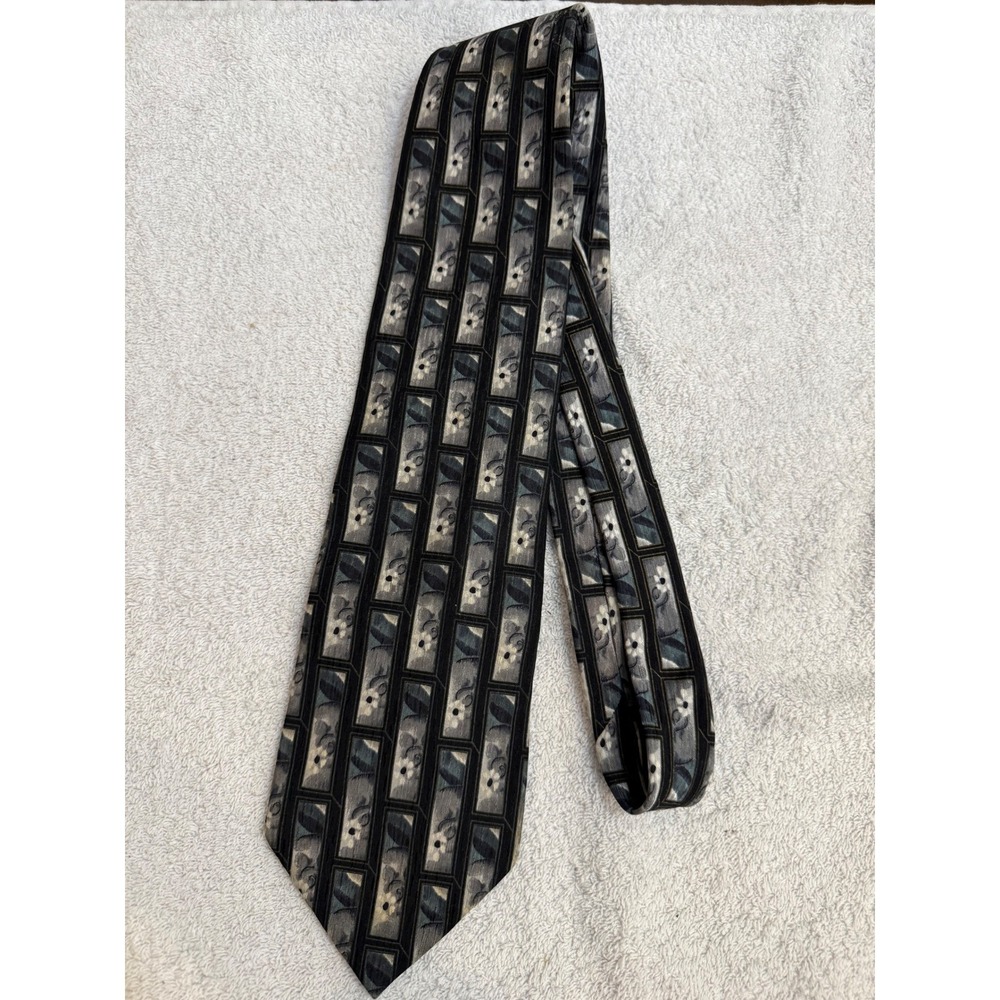 J. Garcia Stonehenge Ltd Mens Silk Necktie Black Grey Blue Floral Geometric USA